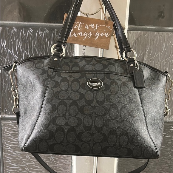 Coach Black Monogram Tote with Leather Handles - Picture 5 of 15
